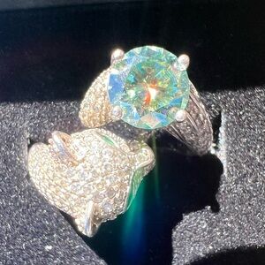 2cts Blue/Green Moissanite Leopard Head Ring, 925 Sterling Silver Adjustable
